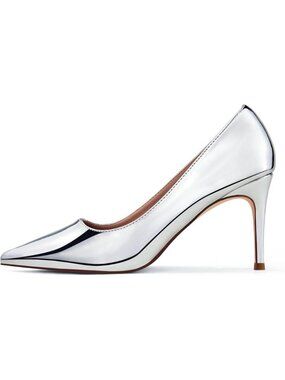 Women's Silver Pull on Heeled Comfortable Stiletto Closed Toe Dress Heels